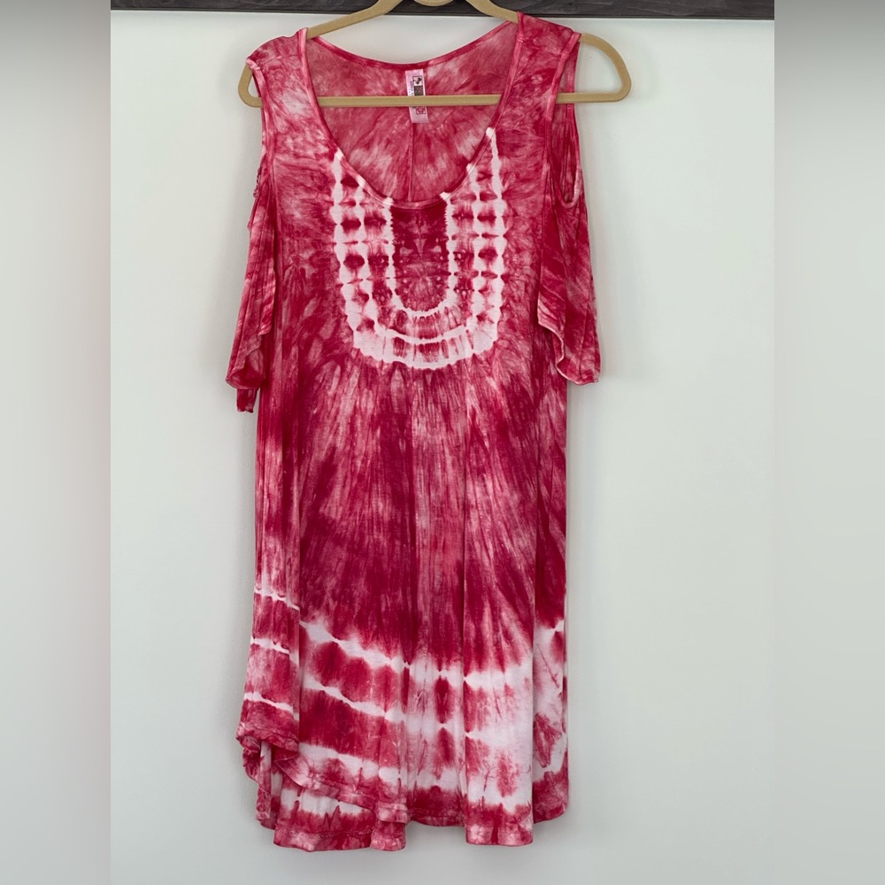Tye dye, cold shoulder, viscose beach cover-up. Pretty pinks and stretchy!